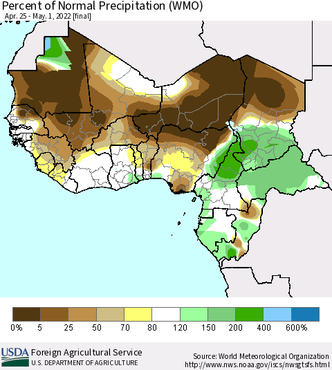 Western Africa Percent of Normal Precipitation (WMO) Thematic Map For 4/25/2022 - 5/1/2022