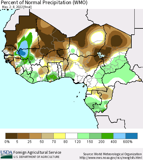 Western Africa Percent of Normal Precipitation (WMO) Thematic Map For 5/2/2022 - 5/8/2022