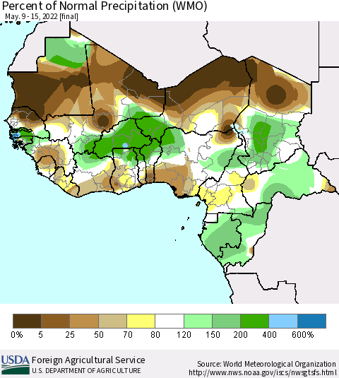 Western Africa Percent of Normal Precipitation (WMO) Thematic Map For 5/9/2022 - 5/15/2022