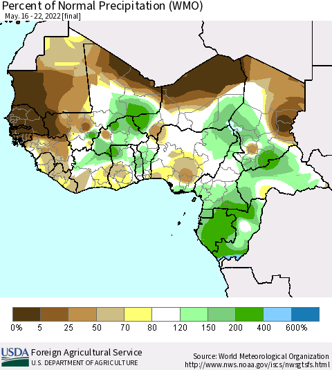 Western Africa Percent of Normal Precipitation (WMO) Thematic Map For 5/16/2022 - 5/22/2022