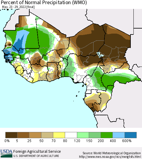 Western Africa Percent of Normal Precipitation (WMO) Thematic Map For 5/23/2022 - 5/29/2022
