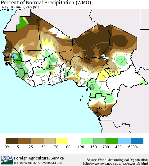 Western Africa Percent of Normal Precipitation (WMO) Thematic Map For 5/30/2022 - 6/5/2022