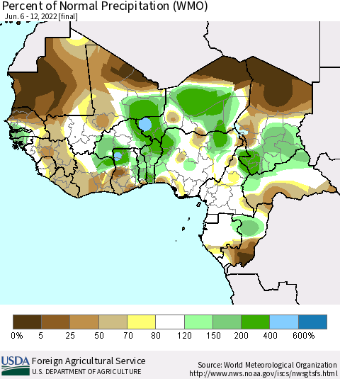 Western Africa Percent of Normal Precipitation (WMO) Thematic Map For 6/6/2022 - 6/12/2022
