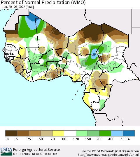 Western Africa Percent of Normal Precipitation (WMO) Thematic Map For 6/20/2022 - 6/26/2022