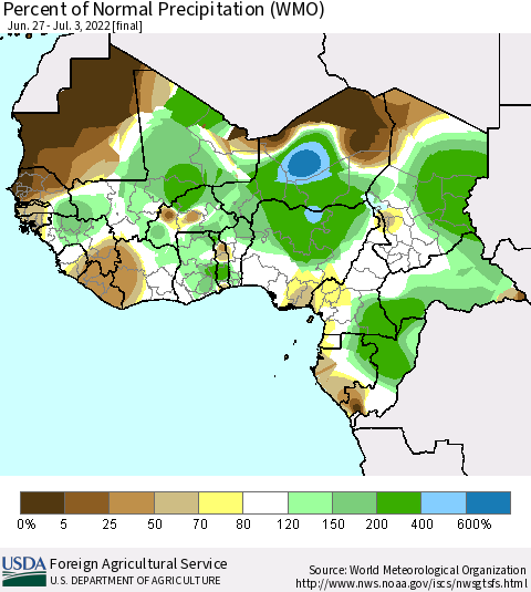 Western Africa Percent of Normal Precipitation (WMO) Thematic Map For 6/27/2022 - 7/3/2022