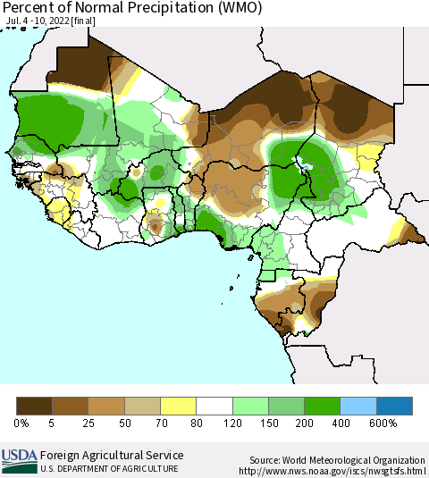 Western Africa Percent of Normal Precipitation (WMO) Thematic Map For 7/4/2022 - 7/10/2022