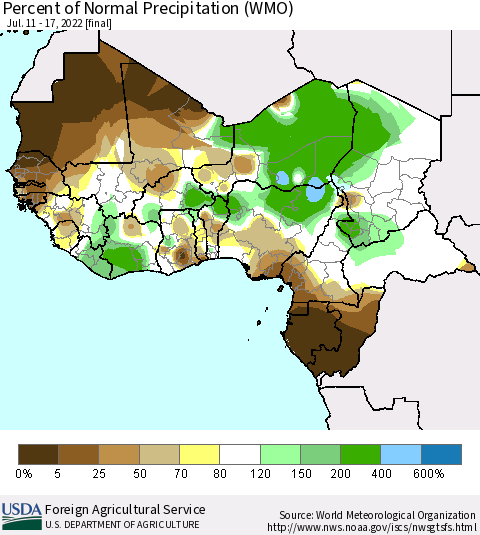 Western Africa Percent of Normal Precipitation (WMO) Thematic Map For 7/11/2022 - 7/17/2022