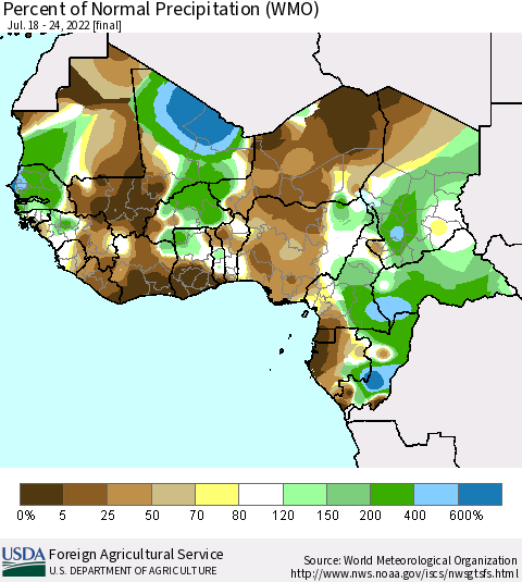 Western Africa Percent of Normal Precipitation (WMO) Thematic Map For 7/18/2022 - 7/24/2022