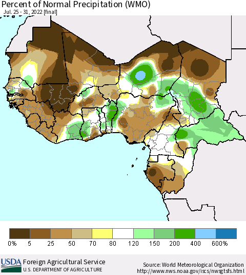 Western Africa Percent of Normal Precipitation (WMO) Thematic Map For 7/25/2022 - 7/31/2022