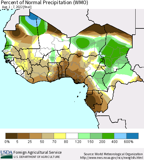 Western Africa Percent of Normal Precipitation (WMO) Thematic Map For 8/1/2022 - 8/7/2022