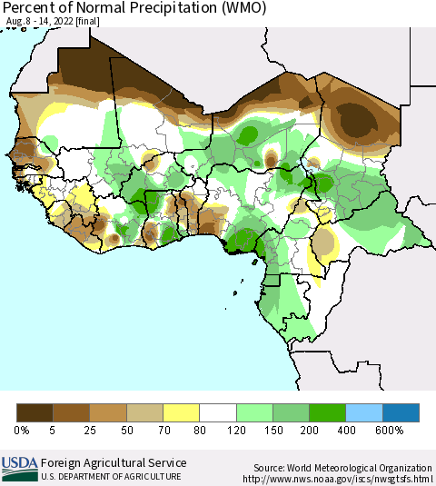 Western Africa Percent of Normal Precipitation (WMO) Thematic Map For 8/8/2022 - 8/14/2022