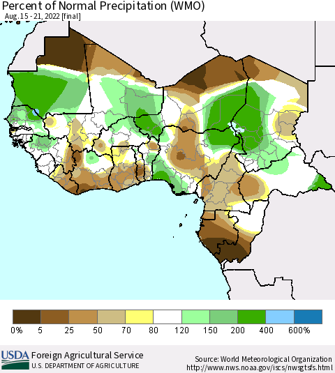 Western Africa Percent of Normal Precipitation (WMO) Thematic Map For 8/15/2022 - 8/21/2022
