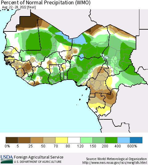 Western Africa Percent of Normal Precipitation (WMO) Thematic Map For 8/22/2022 - 8/28/2022