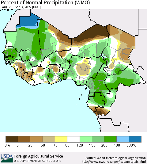 Western Africa Percent of Normal Precipitation (WMO) Thematic Map For 8/29/2022 - 9/4/2022