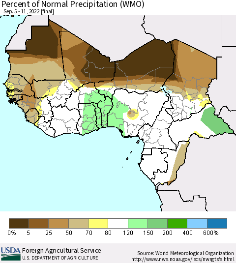 Western Africa Percent of Normal Precipitation (WMO) Thematic Map For 9/5/2022 - 9/11/2022
