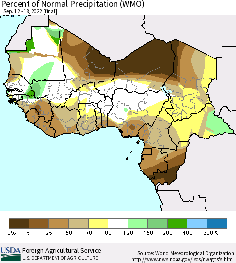 Western Africa Percent of Normal Precipitation (WMO) Thematic Map For 9/12/2022 - 9/18/2022