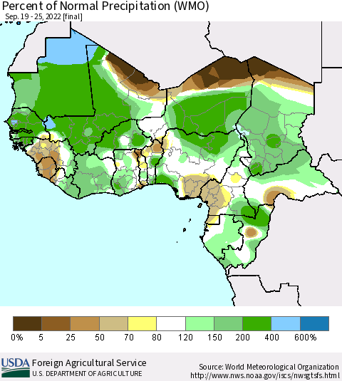 Western Africa Percent of Normal Precipitation (WMO) Thematic Map For 9/19/2022 - 9/25/2022