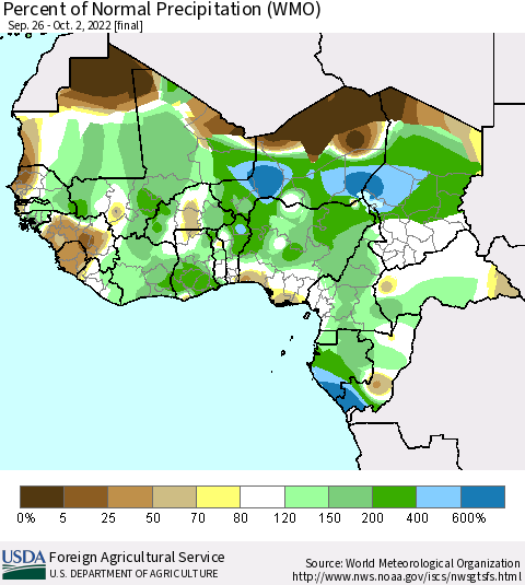 Western Africa Percent of Normal Precipitation (WMO) Thematic Map For 9/26/2022 - 10/2/2022