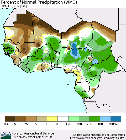 Western Africa Percent of Normal Precipitation (WMO) Thematic Map For 10/3/2022 - 10/9/2022