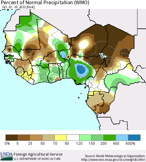 Western Africa Percent of Normal Precipitation (WMO) Thematic Map For 10/10/2022 - 10/16/2022