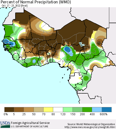 Western Africa Percent of Normal Precipitation (WMO) Thematic Map For 10/17/2022 - 10/23/2022