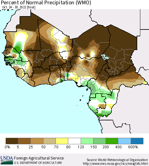 Western Africa Percent of Normal Precipitation (WMO) Thematic Map For 10/24/2022 - 10/30/2022
