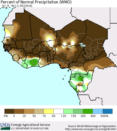 Western Africa Percent of Normal Precipitation (WMO) Thematic Map For 10/31/2022 - 11/6/2022