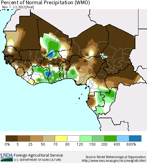 Western Africa Percent of Normal Precipitation (WMO) Thematic Map For 11/7/2022 - 11/13/2022