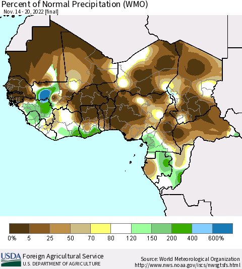 Western Africa Percent of Normal Precipitation (WMO) Thematic Map For 11/14/2022 - 11/20/2022