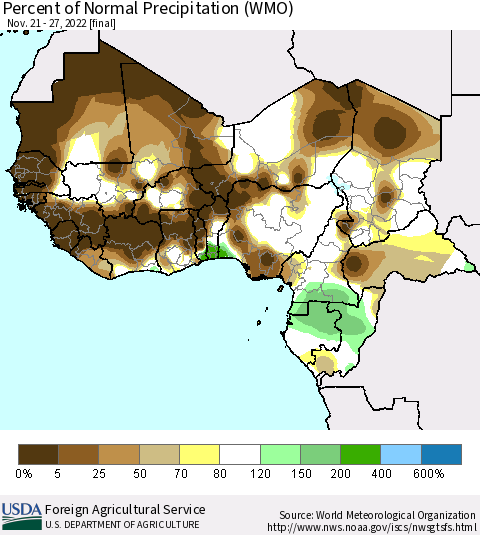 Western Africa Percent of Normal Precipitation (WMO) Thematic Map For 11/21/2022 - 11/27/2022