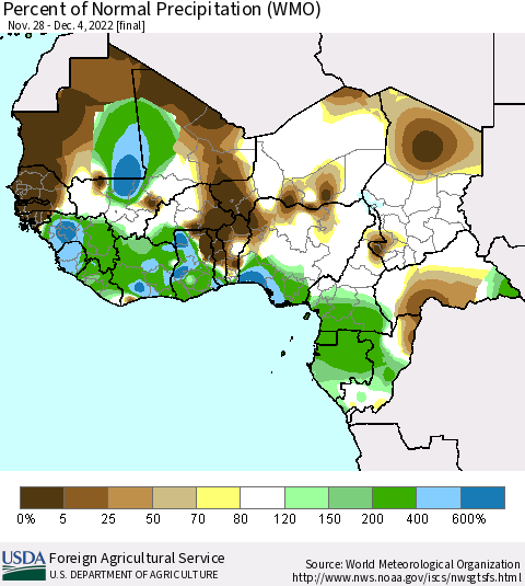 Western Africa Percent of Normal Precipitation (WMO) Thematic Map For 11/28/2022 - 12/4/2022