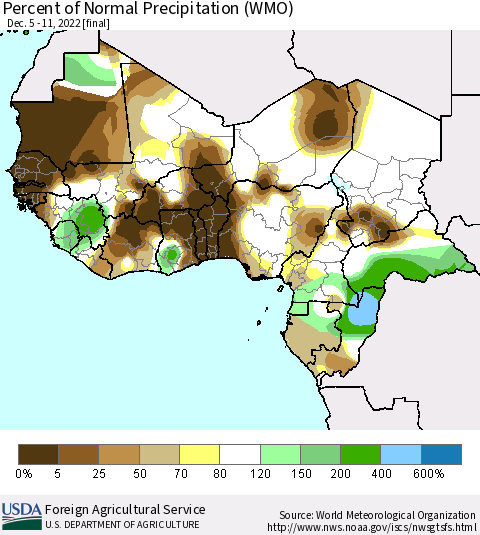 Western Africa Percent of Normal Precipitation (WMO) Thematic Map For 12/5/2022 - 12/11/2022