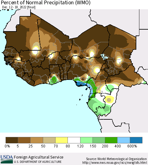 Western Africa Percent of Normal Precipitation (WMO) Thematic Map For 12/12/2022 - 12/18/2022
