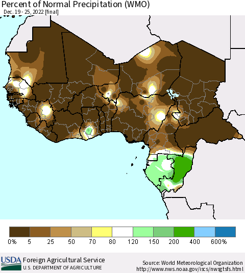 Western Africa Percent of Normal Precipitation (WMO) Thematic Map For 12/19/2022 - 12/25/2022