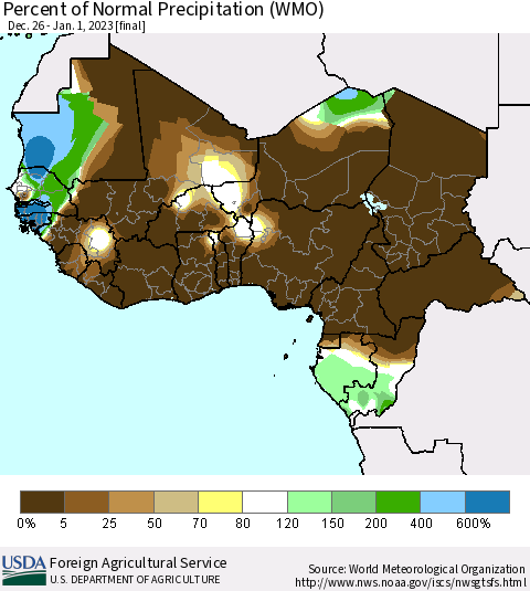 Western Africa Percent of Normal Precipitation (WMO) Thematic Map For 12/26/2022 - 1/1/2023