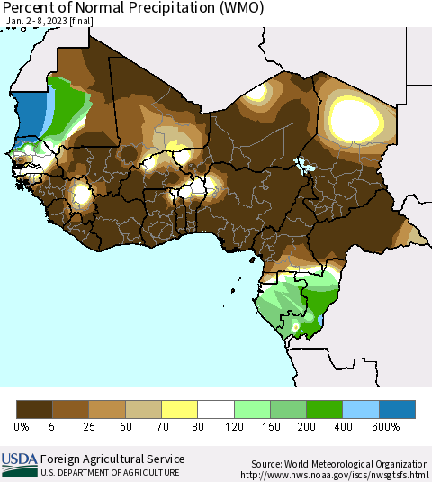 Western Africa Percent of Normal Precipitation (WMO) Thematic Map For 1/2/2023 - 1/8/2023