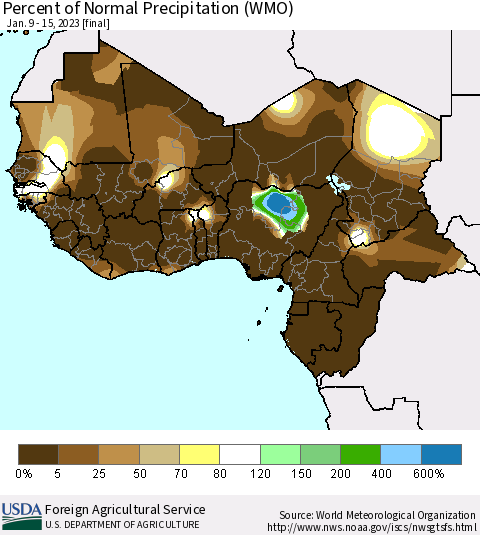 Western Africa Percent of Normal Precipitation (WMO) Thematic Map For 1/9/2023 - 1/15/2023