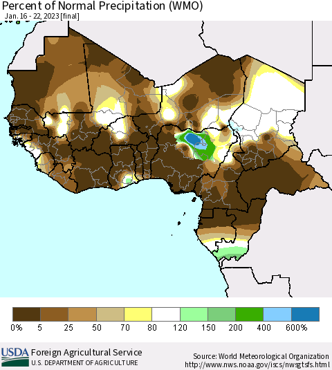 Western Africa Percent of Normal Precipitation (WMO) Thematic Map For 1/16/2023 - 1/22/2023