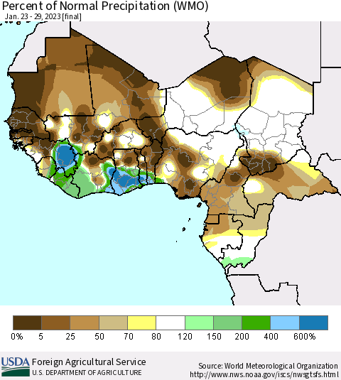Western Africa Percent of Normal Precipitation (WMO) Thematic Map For 1/23/2023 - 1/29/2023