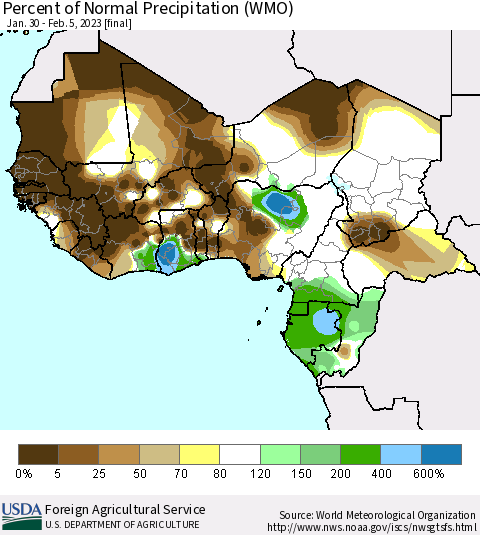 Western Africa Percent of Normal Precipitation (WMO) Thematic Map For 1/30/2023 - 2/5/2023