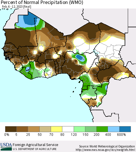 Western Africa Percent of Normal Precipitation (WMO) Thematic Map For 2/6/2023 - 2/12/2023