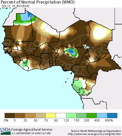Western Africa Percent of Normal Precipitation (WMO) Thematic Map For 2/13/2023 - 2/19/2023