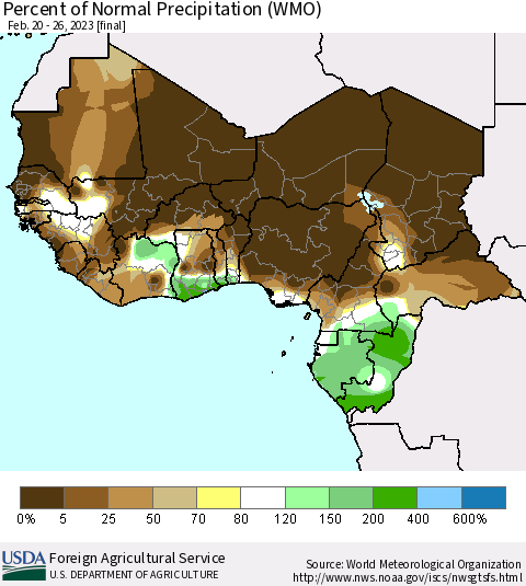 Western Africa Percent of Normal Precipitation (WMO) Thematic Map For 2/20/2023 - 2/26/2023