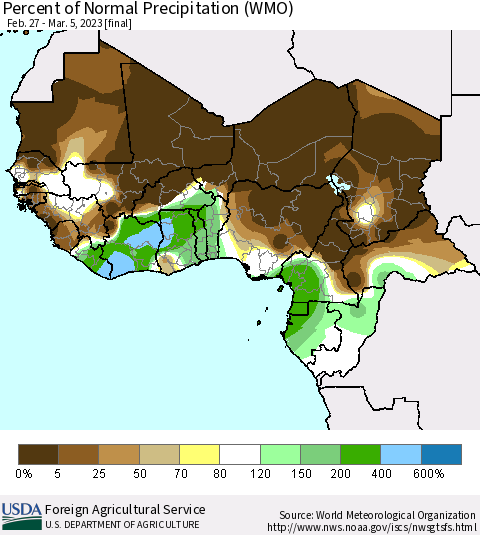 Western Africa Percent of Normal Precipitation (WMO) Thematic Map For 2/27/2023 - 3/5/2023