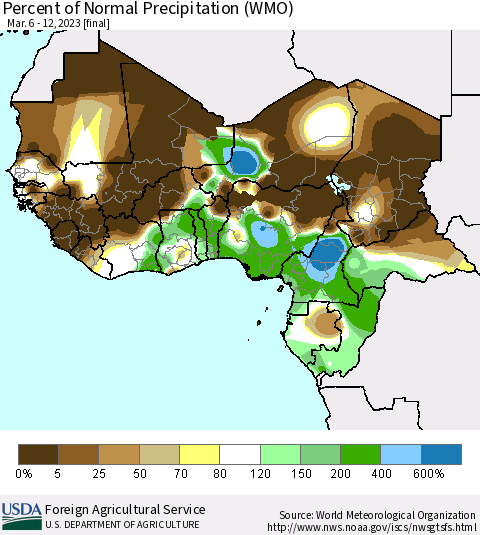 Western Africa Percent of Normal Precipitation (WMO) Thematic Map For 3/6/2023 - 3/12/2023