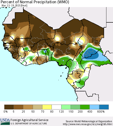Western Africa Percent of Normal Precipitation (WMO) Thematic Map For 3/13/2023 - 3/19/2023