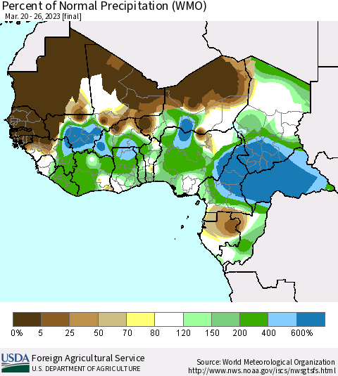 Western Africa Percent of Normal Precipitation (WMO) Thematic Map For 3/20/2023 - 3/26/2023