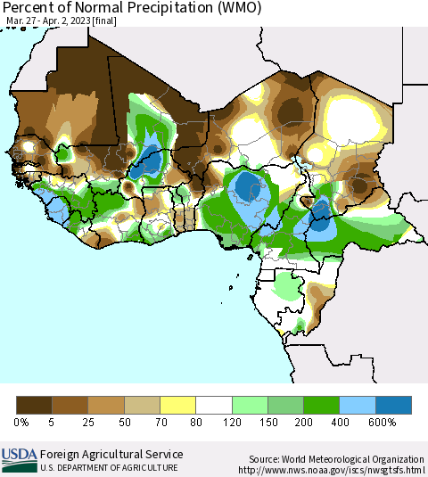 Western Africa Percent of Normal Precipitation (WMO) Thematic Map For 3/27/2023 - 4/2/2023
