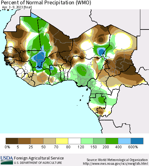 Western Africa Percent of Normal Precipitation (WMO) Thematic Map For 4/3/2023 - 4/9/2023