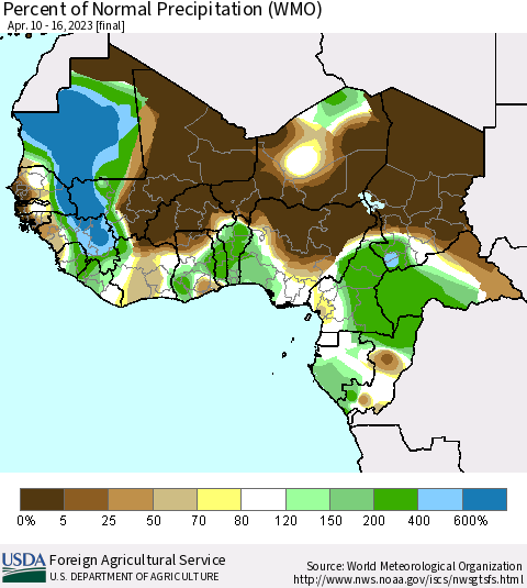 Western Africa Percent of Normal Precipitation (WMO) Thematic Map For 4/10/2023 - 4/16/2023